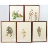 A group of five watercolour costume designs for a production of The Cunning Little Vixens
