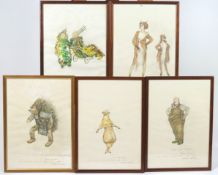 A group of five watercolour costume designs for a production of The Cunning Little Vixens