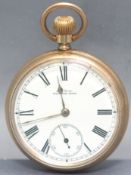 A gold-plated open faced Waltham pocket watch.