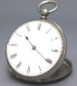 A sterling silver open face pocket watch. White dial with roman numeral markings. Engraved case.