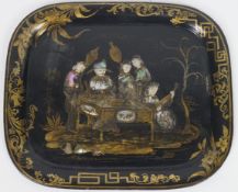 A Chinoiserie lacquered metal rectangular tray,