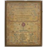 An 18th century sampler by Mary Bright, depicting verses, flowers, moths, birds and a dog,