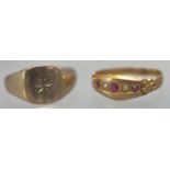A hallmarked 9ct gold signet ring with star design, size: Q; A tested 18ct gold half hoop ring,