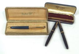 A boxed gilt finish Parker 51 fountain pen with two others and a gilt yard-o-lead pencil