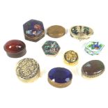 A group of ten assorted pill boxes, to include cloisonne and stone set,