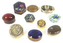 A group of ten assorted pill boxes, to include cloisonne and stone set,