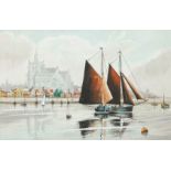 M R Lough (?), Fore shore at Maldon, Essex, watercolour and bodycolour, signed and titled to mount,