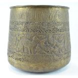 A 19th century brass Persian/Turkish planter, with two pierced bands enclosing embossed animals,