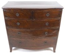 A 19th century mahogany bow front chest of two short and three long drawers with splayed feet,
