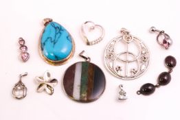 A collection of ten silver pendants of variable designs. Most are marked 925 for sterling.