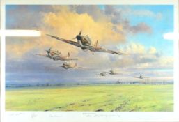 After Robert Taylor, Hurricane Scramble, coloured print, signed by the Pilots in pencil,