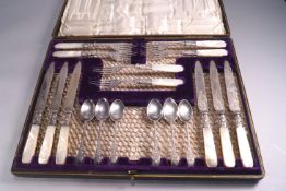 A cased 19th century mother of pearl and electroplate six setting dessert service