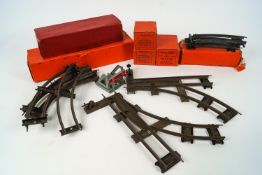 A collection of Hornby 0 gauge parts from a train set, including a turntable,