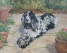 Brian Moreton, a spaniel in a garden, oil on canvas, signed lower right,