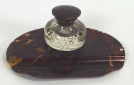 A tortoiseshell and cut glass ink stand with silver mounts,