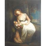 18th century style English school, A lady with a basket of flowers, resting in a landscape,