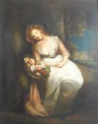 18th century style English school, A lady with a basket of flowers, resting in a landscape,