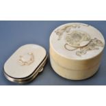 A 19th century Japanese two piece round ivory box, the pull off lid engraved with three lions,