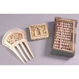 A 19th century miniature specimen ivory abacus puzzle, in a glass hinged case,