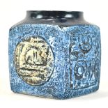A Troika pottery blue glazed marmalade pot, of square form,