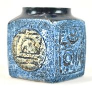 A Troika pottery blue glazed marmalade pot, of square form,