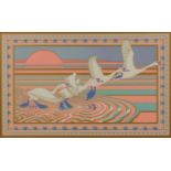 Tass Bell, Swans in flight, screen print, 40cm x 65cm, together with another of a phoenix,