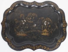 A Jennens & Bettridge style shaped cartouche form tin tea tray,