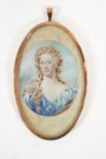 English School, Portrait of a lady in 18th century style, watercolour, in gilt locket frame,