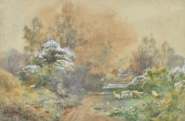 H E Hines, Shepherd and his flock, watercolour, signed lower left,