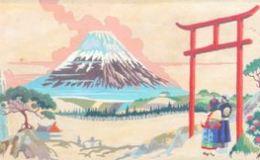 A pair of 1920's paintings on fabric of Japanese landscapes,