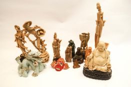Three Chinese soapstone figures and others