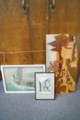 A wooden montage and three framed works