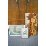 A wooden montage and three framed works
