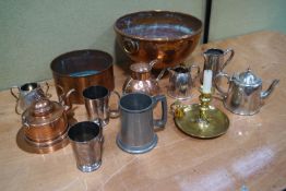 Collection of metalware including copper bowl