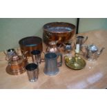 Collection of metalware including copper bowl