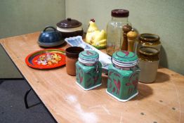 Collection of Studio pottery and kitchenalia including a pottery hen