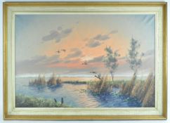 G Brouwer, Lake in Sunset near Vinkeveen, oil on canvas, titled label verso,