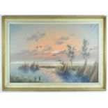 G Brouwer, Lake in Sunset near Vinkeveen, oil on canvas, titled label verso,