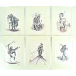 P Hobbs, Golfing characatures, pen and ink, set of six, signed lower right, 36cm x 26cm,