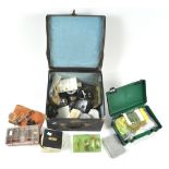 A box of assorted tackle, reels,