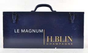 A painted metal case, the cover opening to reveal a magnum of H Blin champagne, 2000 vintage, 12.