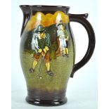 A Royal Doulton terracotta golfing jug, decorated with players in Puritan style dress,