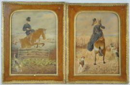 English school, 19th century, Hunting scenes, watercolours, a pair, in oak and parcel gilt frames,