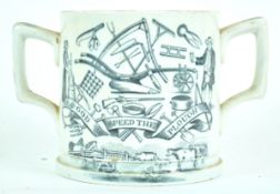 A 19th century Staffordshire pottery 'Farmers Arms' two handled mug, printed in black,