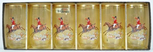 A set of six Iris giftware glasses, each printed with a hunting scene, paper label to one,