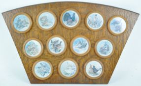 A set of twelve coloured prints of birds, framed as one, in an oak shaped frame,