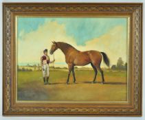 20th century school, Jockey and Horse in a landscape, oil on canvas,