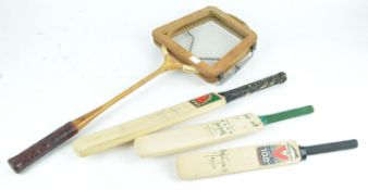 Three miniature cricket bats, two signed, largest 51cm high,