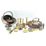 A selection of brass and copper, to include a pair of brass candlesticks,