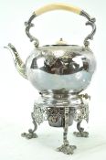 A Victorian silver plated spirit kettle, on stand with ivory handle,